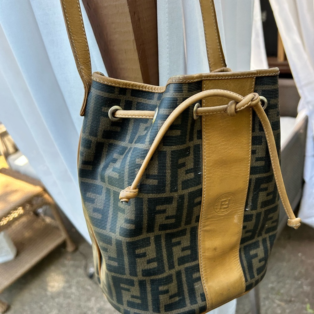 Fendi Brown and Tan Shoulder Bucket Bag with Iconic FF Monogram